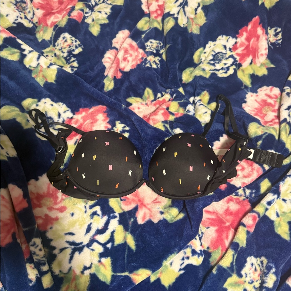 PINK Victoria's Secret Black Bra with Colorful Lettering